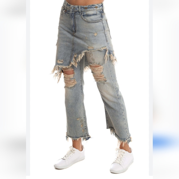 R13 Denim Double Classic ShreddedHem Skirted Jeans - Picture 5 of 16